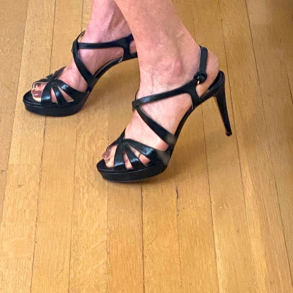 Prada platform sandal. Black patent , 3 inch heel with 1 inch platform.